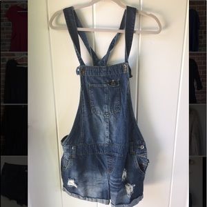 Blue jean overall shorts/romper